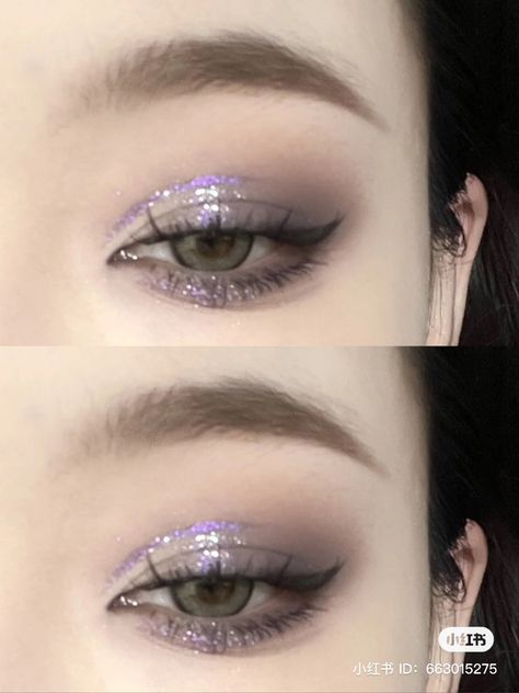 Lavender Douyin Makeup, Purple Eye Makeup Monolid, Glittery Korean Makeup, Purple Eye Makeup Douyin, Glittery Purple Makeup, Ulzzang Makeup Tutorial, Korean Eye Makeup, Cute Eye Makeup, Glitter Eye Makeup