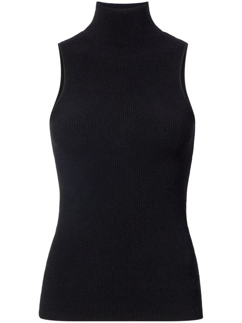 jet black ribbed knit high neck sleeveless racerback straight hem Farfetch Tops, Black Turtleneck Sleeveless, Turtle Neck Sleeveless Top, Unsleeping City, Rich Closet, Turtle Neck Sleeveless, Nina Garcia, Streamer Dr, Coastal Granddaughter