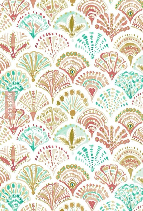 What the shell! This mermaid print is the shelliest one thus far. Sand dollars, clam shells and shells I just made up appear in a decorative fashion. I am a shell out and am completely OK with it. #beachdecor #mermaidprint Shell Pattern Design, Boho Prints Pattern, Shells Watercolor, Barbra Ignatiev, Boho Background, Clam Shells, Wallpaper Colorful, Shell Print, Boho Prints