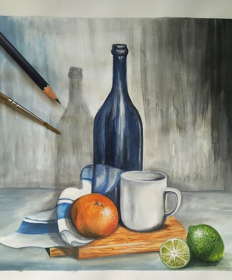 Still Life Ideas Drawing, Still Life Art Drawing, Still Life Watercolor Paintings, Still Life Painting Watercolor, Watercolor Still Life, Easy Landscape Paintings, Composition Painting, Bottle Drawing, Dancing Drawings