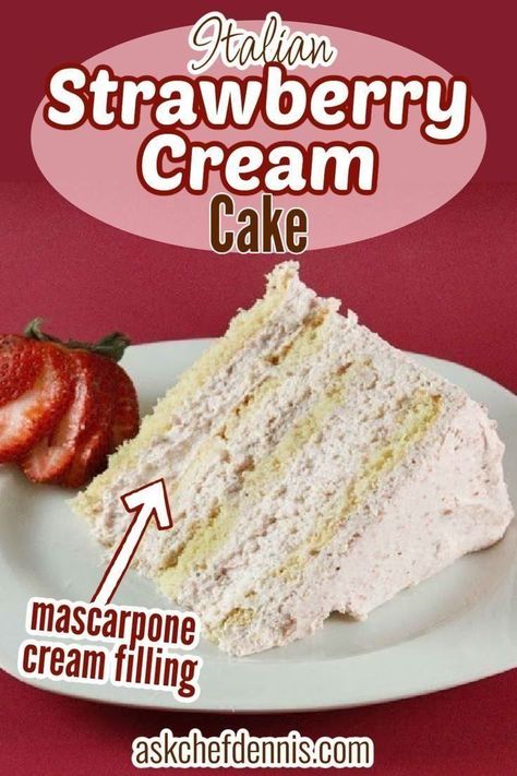 Looking for a delicious strawberry cake recipe? Look no further! This Italian strawberry cream cake from Ask Chef Dennis is amazing! You’re going to love the light strawberry mascarpone filling between these light sponge cake layers! You’ll find this cake the perfect dessert to celebrate any occasion or to just make any day a special occasion. Make this cake today! You will be glad you did!