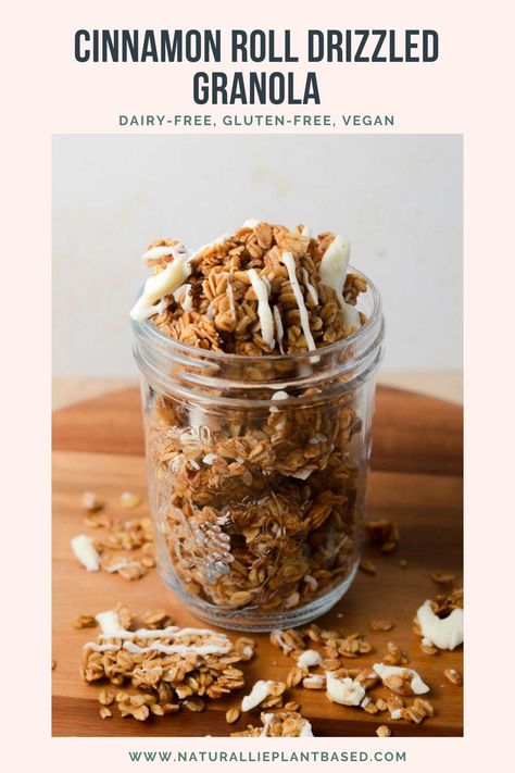 This Cinnamon Roll Drizzled Granola is crunchy & sweet with cinnamon-spiced oats and a drizzle of white chocolate icing. A perfect snack at home! Healthy Cinnamon Granola, Sweet Granola Recipe, Cinnamon Roll Granola, Cinnamon Granola Recipe, Apple Cinnamon Granola, Vegan Spring Recipes, White Chocolate Icing, Snack At Home, Granola Recipe Healthy