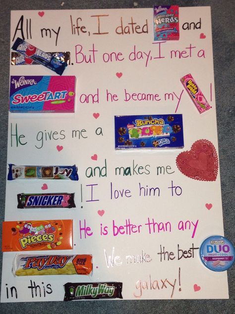 DIY Valentine's day gift for my man! With candy he will actually eat lol. Hot glue gun the candy to dollar store thick foam poster board! Cover up unwanted words/letters on candy with cute stickers! Candy Letter For Boyfriend, Cute Valentines Poster Ideas, Candy Poster Board For Boyfriend, Valentines Day Poster Board Ideas, Valintens Ideas, Gifts For Boyfriend Long Distance, Diy Valentine Gifts For Boyfriend, Edible Candy