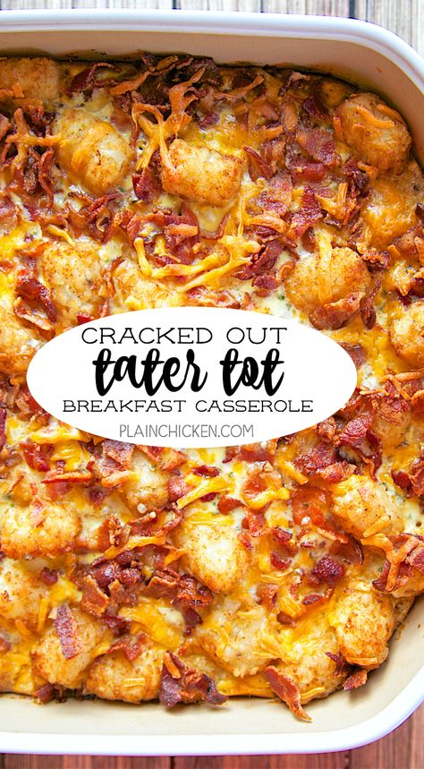 Cracked Out Tater Tot Breakfast Casserole - great make ahead recipe! Only 6 ingredients!! Bacon, cheddar cheese, tater tots, eggs, milk, Ranch mix. Can refrigerate or freeze for later. Great for breakfast. lunch or dinner. Everyone loves this easy breakfast casserole!! Cheese Tater Tots, Tot Breakfast Casserole, Cracked Out, Tater Tot Breakfast Casserole, Best Breakfast Casserole, Tater Tot Breakfast, Ranch Mix, Queso Cheddar, Tot Casserole