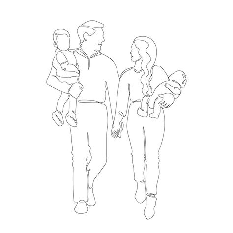 Family Of Four Drawing, Family Illustration Art Drawings, Family Of 4 Drawing, Cute Family Drawing, Family Pencil Drawing, Family Outline, Family Line Drawing, Line Drawing Family, Family Drawing Illustration