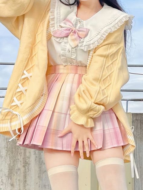 Jk Uniform, Stockings, Skirt, Yellow, Pink, White, Kawaii