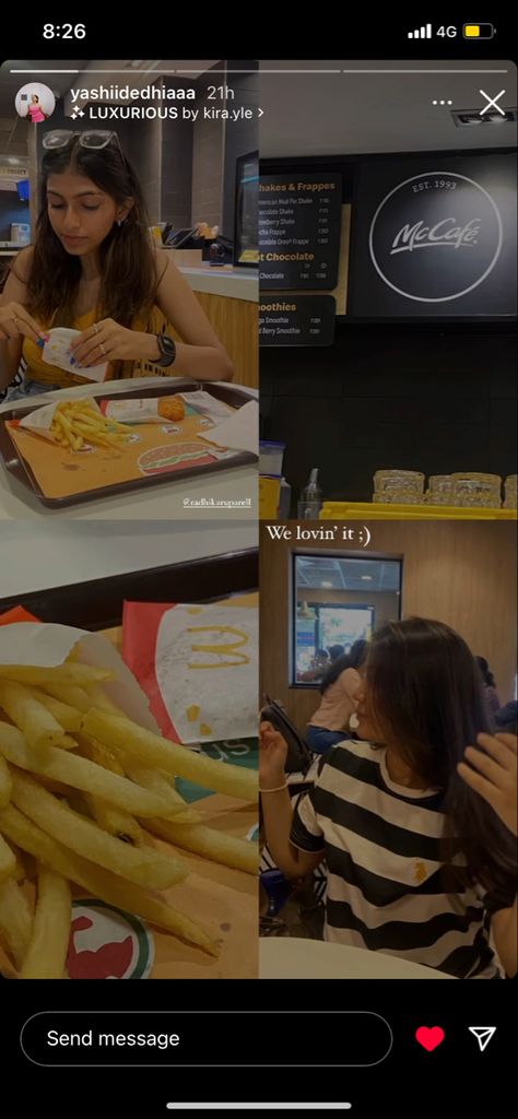 McDonald’s instagram story idea going out with friend layout of four pictures inspo Mcdonald’s Instagram Story, Mcdonalds Aesthetic Caption, Food Date Captions Instagram, Mcdonalds Captions For Instagram, Date Stories Instagram, Date With Sister Caption, Fries Captions Instagram, Friends Date Instagram Story, Date With Best Friend Instagram Story