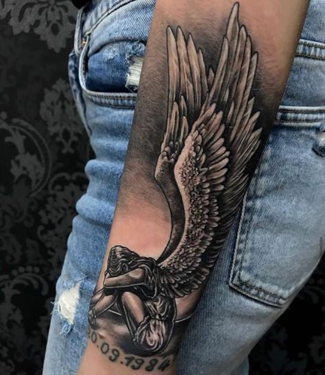 Forearm Wing Tattoo, Beautiful Angel Tattoos, Angel Tattoo For Women, Guardian Angel Tattoo Designs, Heaven Tattoos, Angel Tattoos, Forearm Tattoo Design, Upper Arm Tattoos, Tattoo Templates