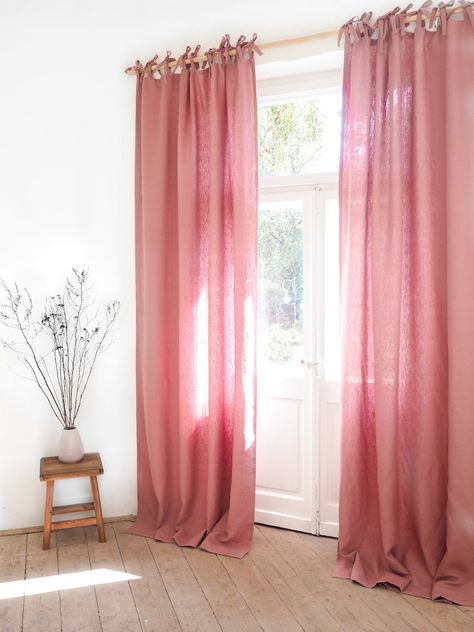 Dusty Pink Tie Top HEAVY LINEN 285 G/m2 Curtain Panel Made - Etsy Dusty Pink Curtains, Linen Curtains Bedroom, Pink Bedroom Accessories, Panels Bedroom, Bright Curtains, Blush Pink Bedroom, Pink Living Room Decor, Living Room Transformation, Linen Curtain Panels