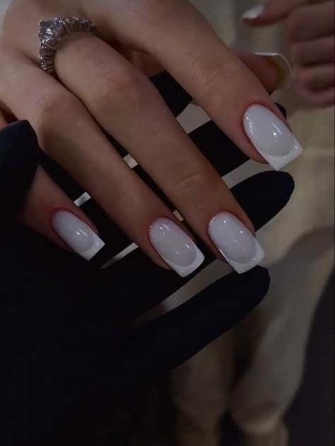 french tip manicure White On White Nails French, Ice White Nails, Short Acrylic Nails French Tip Design, White Nails With French, Nokti French, Ice Nails Designs, Milky White French Nails, French White Nails, Milky French Manicure