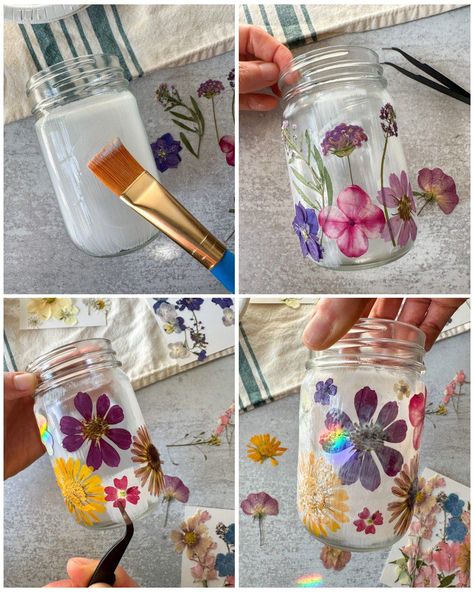 How to Make Dried Flower Candle Jar Lanterns (Pressed Flower Crafts) ~ Homestead and Chill Diy Painted Candle Jars, Pressed Flower Mason Jar, Dried Flower Jars Wedding, Diy Flower Jar, Mod Podge Dried Flowers, Diy Mod Podge Crafts, Pressed Flower Lanterns Diy, Pressed Flower Vase, Dried Flower Candle Holder