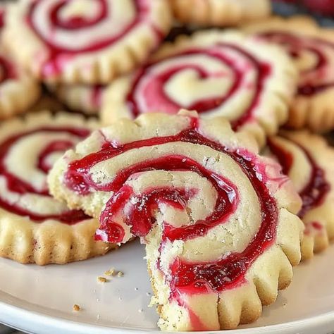 Shortbread Swirl Cookies, Raspberry Shortbread Cookies Recipes, Raspberry Swirl Shortbread, Raspberry Butter Cookies, Raspberry Pinwheel Cookies, Raspberry Swirl Cookies, Raspberry Swirl Shortbread Cookies, Raspberry Cookies Recipes, Baked Goods For Christmas Gifts