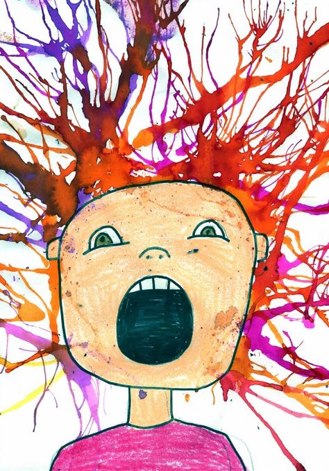 Using watercolor and straws students will blow paint around the head in their self portrait to imply a wild mind or just very crazy hair! Blow Painting Art, Blow Paint, Scream Art, Halloween Kunst, 3rd Grade Art, Art Projects For Kids, Ecole Art, Edvard Munch, Homeschool Art