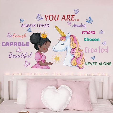 PRICES MAY VARY. Dreamy Girl Room Decor： A black princess holds a shining star in her hands, accompanied by a guardian butterflies, guarding her dreams.The wall art stickers are perfect for girl bedroom, playroom, living room, nursery baby room,and more. Package Include: Product Size:15.7inx23.6in (40cm x 60cm) 1 sheet. designs include:black princess,stars,butterfly and inspirational words. Reference Finished Size: 30inx16.37in (76.44cmx41.59cm). Peel and Stick: Our removable wall stickers are m Unicorn Themed Bedroom Artwork, Unicorn Rooms Walmart, Unicorn Target Room, Unicorn Bedroom Artwork, Unicorn Themed Bedroom Walmart, Purple Accent Wall Kids Room Unicorn, Princess Wall Stickers, Girl Wall Decals, Girls Room Unicorn