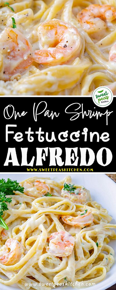 One Pan Shrimp Fettuccine Alfredo Sour Cream Pasta, Easy Shrimp Alfredo, Shrimp Alfredo Recipe, Shrimp Fettuccine Alfredo, Spinach Alfredo, Creamy Alfredo Sauce, Shrimp Fettuccine, Pan Shrimp, Fettuccine Noodles