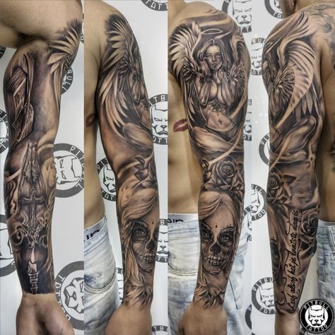 Realistic full arm sleeve. Black & Grey Style. #realistic #realism #blackandgrey #blackandwhite #armsleeve #sleeve #fullsleeve #patong #phuket #thailand | By Pitbull Tattoo Patong Phuket Thailand | Done at Pitbull Tattoo Thailand | Jan 19th 2019 | 835990 Black And Grey Sleeve, Black And Grey Tattoos Sleeve, Tattoo Background, Men Tattoos Arm Sleeve, Full Arm Tattoos, Tattoo Inspiration Men, Back Of Shoulder Tattoo, Shoulder Tattoos For Women, Arm Sleeve Tattoos