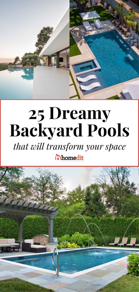 Discover the best pool landscaping and design inspiration for your backyard and yard! We’re sharing 25+ stunning pool design ideas for your outdoor space and outdoor living space. From lap, swimming, freeform, and Mediterranean pool ideas, we have all of the background pool ideas and inspiration for your outdoor oasis. Simple Backyard Pool Designs, Backyard Pool Design, Inground Pool Landscaping, Simple Pool, Rectangle Pool, Pool Design Ideas, Living Pool, Dream Backyard Pool, Amazing Backyard