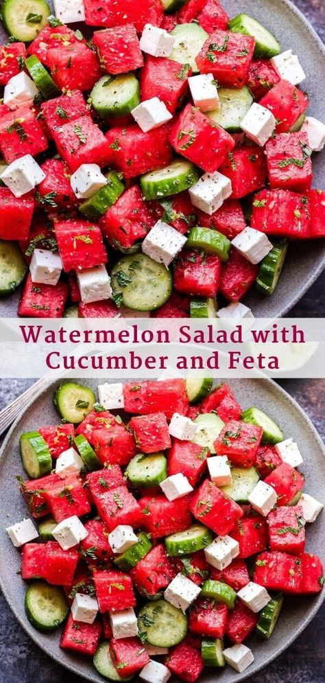 Watermelon Salad with Cucumber and Feta is an easy to make, refreshing salad to make this summer! Salty, sweet and perfect alongside your favorite grilled protein. #watermelon #cucumbers #feta #salad #watermelonsalad #summersalad #glutenfree #vegetarian Salad With Cucumber, Salad Macaroni, Salad Quinoa, Sommer Mad, Salad Kale, Feta Recipes, Watermelon Salad, Refreshing Salad, Best Salad Recipes