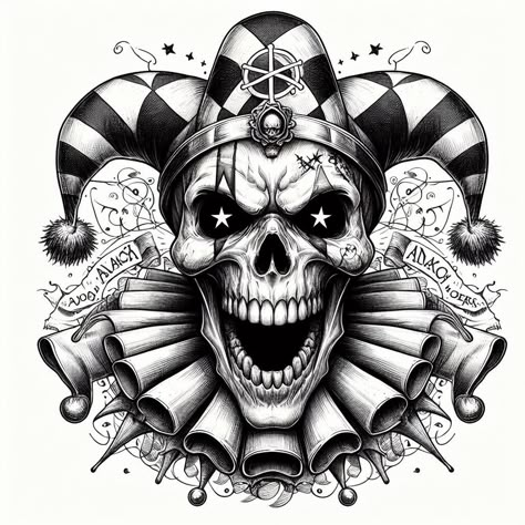 Joker Skull Drawing, Jester Skull Drawing, Laughing Clown Tattoo, Circus Sleeve Tattoo, Clown Mask Tattoo, Harlequin Tattoo, Clown Tattoo Ideas, Skull Jester, Scary Clown Drawing