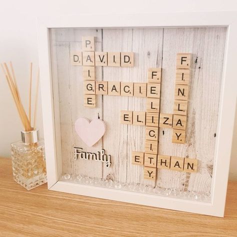 Scrabble Box Frame Ideas, Scrabble Picture Frame Diy, Diy Frame Wall Decor, Scrabble Wall Art Diy Framed, Last Name Crafts, Box Frame Ideas, Scrabble Letter Crafts, Scrabble Frames, Scrabble Art Frame