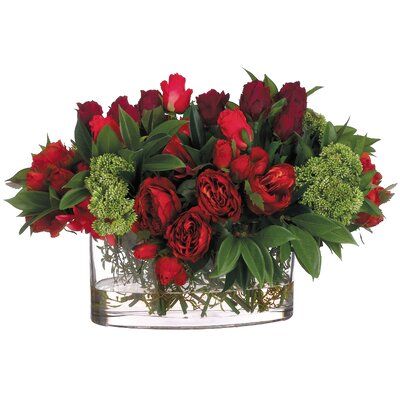 Canora Grey Rose/Dahlia In Oval Glass Vase Red Flower Arrangements, Rose Floral Arrangements, Christmas Flower Arrangements, Christmas Floral Arrangements, Memorial Flowers, Flower Arrangements Simple, Glass Centerpieces, Rose Arrangements, Holiday Floral