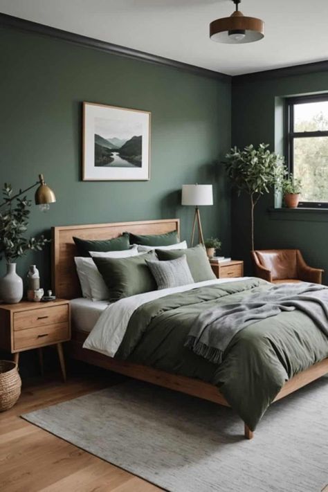 Sage Advice: Mastering Sage Green in Your Bedroom Decor - West Magnolia Charm Bedroom Inspirations Master Dark Green, Modern Green Bedroom Design, Deep Green Bedding, Moodboard Bedroom Interiors, Medium Green Bedroom, Green Paint In Bedroom, Modern Boho House Decor, Men’s Green Bedroom, Minimal Green Bedroom