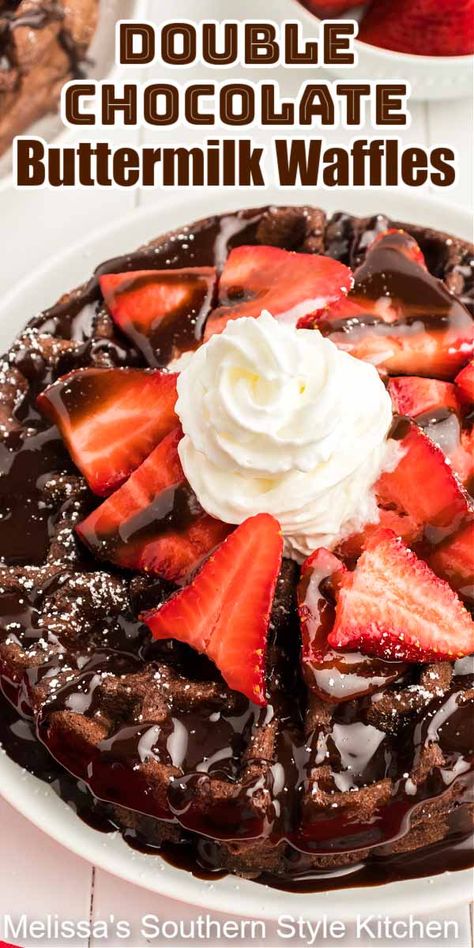 Double Chocolate Buttermilk Waffles Chocolate Coffee Cake Recipes, Chocolate Waffle Recipe, Holiday Brunch Recipes, Chocolate Chip Waffles, Homemade Hot Fudge, Waffle Iron Recipes, Banana Buttermilk, Dessert Waffles, Buttermilk Waffles