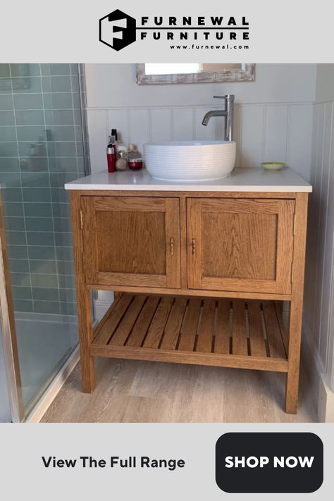 Oak bathroom vanity cupboard and shelf unit with a modern feel Bathroom Diy Vanity, Wood Bathroom Vanity Unit, Bathroom Sink Unit Ideas, Wooden Vanity Unit Bathroom, Wooden Bathroom Sink, Wooden Sinks Bathroom, Free Standing Sink Bathroom, Bathroom Wooden Vanity, Wooden Vanity Bathroom