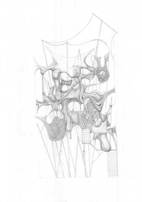 The Bartlett Summer School C, 2016. From the Making and Prototyping workshop run by Zahra Taleifeh, Dan Wilkinson, with the teaching support of Kacpar Chmielewski and Shuo Yang. The Cyclical House, formed from storing the detritus of family habitation, by Charlie Bennett. Melting Building, Machine Architecture, Charlie Bennett, Bartlett School, Bartlett School Of Architecture, Conceptual Drawing, Silhouette Drawing, Architecture Concept Diagram, Architecture Collage