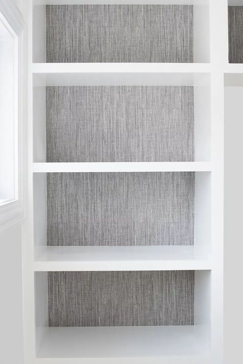 How to Wallpaper Built-Ins + My Favorite Grasscloth - Room for Tuesday Built In Wallpaper Back, Book Case In Bedroom Ideas, Wallpaper On Bookcase, Wallpaper Back Of Bookshelf, Wallpapered Bookcase, Pantry Wallpaper Ideas, Grasscloth Wallpaper Bedroom, Wallpaper Bookcase, Wallpaper Bookshelf