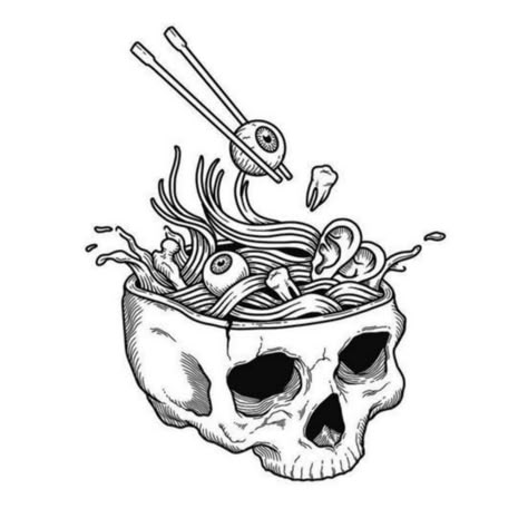 Scary Food Drawing, Trippy Skull Drawing, Open Skull Tattoo, Ramen Sketch, Gothic Line Art, Soup Tattoo, Ramen Tattoo, Candle Color Meanings Magic, James Tattoo