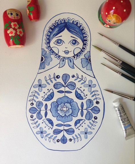 Nesting Dolls Drawing, Watercolor Techniques For Beginners, Matryoshka Tattoo, Nesting Doll Tattoo, Matryoshka Doll Art, Russian Embroidery, Basic Watercolor, Doll Tattoo, Doll Drawing