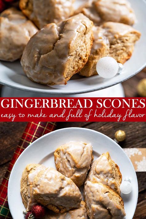 gingerbread scones pin Christmas Scones, Gingerbread Scones, Breakfast Scones, Scones Easy, Brunch Bread, Holiday Favorite Recipes, Scones Recipe, Gingerbread Recipe, Bread Recipes Sweet