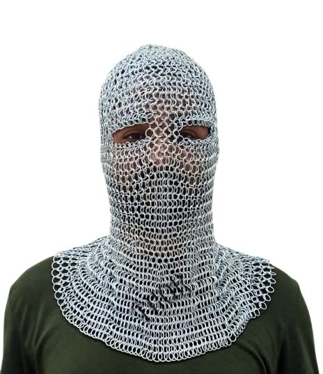 PRICES MAY VARY. This Chainmail armor is completely hand made, Antique Styling. Made from : 18 Gauge Plated Mild alu Butted Rings / Ring Diameter 10 mm This chainmail costume with alu rings 10mm in diameter; Face opening: 9 Inches Silver Chainmail Coif, Combat Battle Ready Chain Mail Hood Armour Costume Sca Medieval Knight Silver eyes Chainmail Coif Armor Hood Battle Ready Chain Mail Renaissance Viking Larp Costume Chainmail Balaclava, Chainmail Mask, Chainmail Headpiece, Chainmail Headdress, Chainmail Costume, Medieval Coif, Chain Mail Armor, Chainmail Coif, Antique Styling