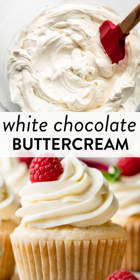 This white chocolate buttercream frosting is made with melted white chocolate, so it's extra creamy, flavorful, and rich. #buttercream #icing #cakedecorating #sweettreats #toppings White Chocolate Buttercream Frosting Recipe, White Frosting Flavors, Cake Icing Flavors, Buttercream Frosting For Chocolate Cake, Chocolate Cupcakes White Frosting, Buttercream Frosting Flavors Recipe, White Chocolate Cream Cheese Buttercream, Boozy Buttercream Frosting, Not Sweet Icing Recipe