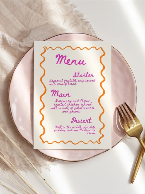 Bright Wavy Purple + Orange Menu Template, Colorful Handwritten Menu, Editable Wedding Stationary, Wavy Border Hand Painted Menu Editable Orange Menu Design, 21 Diner Menu, 21 Dinner, Watercolor Menu, Wedding Table Menus, Diner Menu, Wedding August, Green Desserts, 21 Diner