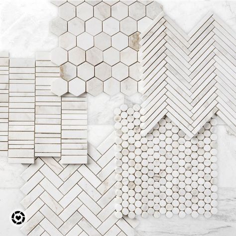 White tile neutral herringbone backsplash wall tile floor tile shower tile Small Mosaic Tiles Bathroom, Alaska White Marble, White Mosaic Tile Bathroom, Toilet Designs, Stone Mosaic Wall, Marble Herringbone, Penny Round Mosaic, White Marble Tiles, Primary Bathroom