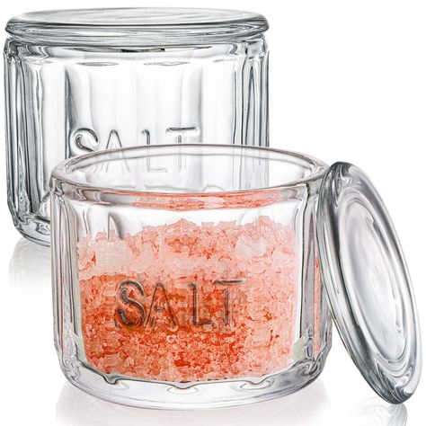 PRICES MAY VARY. Nicunom glass salt cellar measures 3.75 inches in diameter, 10 ounce capacity, 2 pack. Our salt storage container is made of durable clear glass which is great to tell how much salt you have left, easy to clean. Salt jar with lid, great for storing neti-pot salts, bath salts, sugar scrub, kosher salt and spices. Perfect for cooking or marinating and more. This glass container comes with the word "salt" engraved on the glass. Nice, clean, clear and classic design. This salt saver Diamond Crystal Salt, Salt Storage, Retro Style Kitchen, Salt Box, Spice Organization, Salt Cellar, Ceiling Fan In Kitchen, Great Housewarming Gifts, Style Kitchen