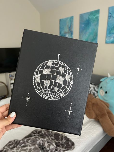 Disco ball sparkly Disco Tile Diy, Diy Disco Party Decorations, Disco Ball Painting Easy, Eras Jacket, Bedazzled Painting, Bedazzled Canvas, Rhinestone Canvas Art, Disco Ball Painting, Disco Ball Art