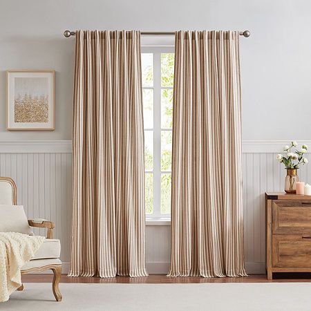 Give your home a modern update in an instant with the g.h. bass & co. Peak stripe curtain panel pair. This panel set gets its rugged good looks from the yard-dyed slim vertical stripes that peak with cozy-casual style. The clay tones will naturally fit in any cabin-inspired home that can use a cheerful window accessory. This cotton set of two will gently filter light into your home for a bright look and minimal privacy. With back tabs and a pole top header, this curtain set can be styled with a tailored or casual look that suits your home d�cor taste.# Pieces In Set: 2Number of Panels: 2Included: 2 Panel(s)Features: Multi-PackTop Construction: Back TabTop Opening: 3 In Back TabsUse: IndoorBase Material: 100% CottonLining: UnlinedLight Filtration: Light-FilteringCare: Machine WashCurtain Le Striped Curtains, Window Accessories, Rod Pocket Curtain Panels, Rod Pocket Curtains, Light Filter, Cotton Set, Curtain Panels, Vertical Stripes, Curtains Living Room