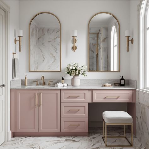 Vanity Color Ideas 💖💖 Pink Cabinet Bathroom, Pale Pink Bathroom Vanity, Girls Bathroom With Makeup Vanity, Blush Pink Vanity Bathroom, Blush Cabinets Bathroom, Blush Vanity Bathroom, Pink Countertops Bathroom, Pink Ensuite Bathroom, Bathroom With Built In Vanity