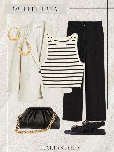 Denim And Stripes Outfit, Black And White Striped Tank Top Outfit, Black And White Top Outfit, Stripes Top Outfit, Striped Top Outfit Summer, Black And White Striped Top Outfit, Stripe Top Outfit, Black Pants Outfit Casual, Striped Top Outfit