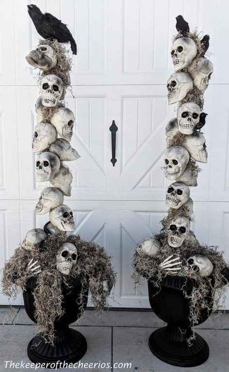 Halloween topiary made with Dollar Tree Skulls. On a budget, looking for inexpensive Halloween Decor? Look no more. We have some of the the best Dollar Tree Halloween Crafts and DIY Halloween Home Decor Ideas. Make your house look great for the cost of a dollar! #dollartree #dollartreeideas #dollartreedecor #dollarstore #dollarstoreideas #halloween #halloweendecor #halloweencrafts #dollartreefalldecor #dollartreediyhome #dollartreehalloween #dollarstorehalloween Skull Front Door, Diy Halloween Spook House, Diy Skull Decor Outdoor, Pumpkin With Mouth Sewn Shut, Halloween Porch Decorations Scary, Simple Halloween Decor Indoor Diy, Victorian Skeleton Costume, Spooky Halloween Planters, Skeleton Themed Halloween Decorations