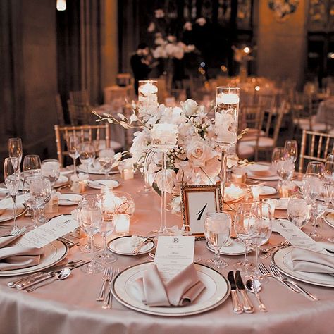 Lush white blooms and opulent details define one couple's romantic winter wedding. Rose Gold Centerpiece, Rose Gold Theme, Tafel Decor, Gold Centerpieces, Quinceanera Ideas, Elegant Wedding Reception, Gold Wedding Theme, Prom 2024, Dusty Rose Wedding