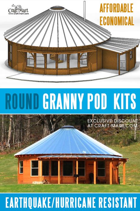 There are many options for granny pods. You may think that a typical tiny house may work for accommodating elderly parents - this is not so! Read about many benefits of these affordable round cabins (wooden yurts) and use our exclusive discount. #yurts #grannypods #grannypodsforsale #grannypodkits #tinyhouse Wood Yurt Plans, Yurt House Plans, Yurt Living Off Grid, Build Your Own Tiny House Diy, Tiny Round House, Portable House Design, Granny Pods Floor Plans Prefab Homes, Round Homes Design, 2 Bedroom Round House Plans