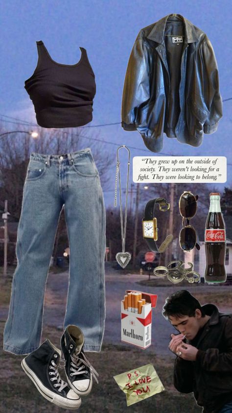 #theoutsiders #dallaswinston #marlboro #vintageoutfits #cokecola #jewelry Greaser Costume, Greaser Outfit, Greaser Aesthetic, Greaser Girl, The Outsiders Ponyboy, The Outsiders Quotes, Greaser Style, The Outsiders Greasers, 80s Actors