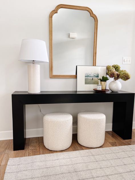 Entryway Console With Ottoman, Ottoman Entryway Ideas, Entryway Ottoman Ideas, Entry Table With Ottomans Under, Ottoman Bench Decor, Ottoman Under Console Table, Ubud Console, Black Console Table Entryway, Mid Century Entryway Ideas