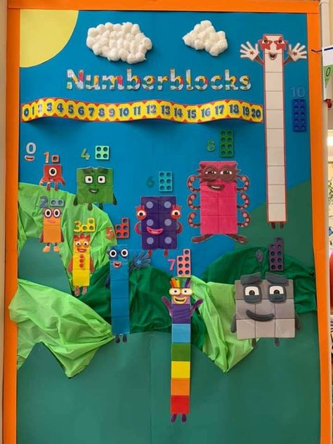 Numberblocks Display Eyfs, Eyfs Displays, Nursery Displays, Maths Wall, Maths Challenges, Robot Classroom, Preschool Maths, Reception Maths, Teacch Activities