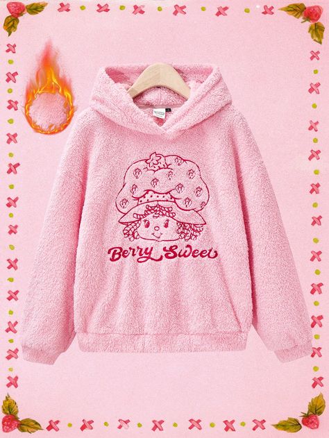 Strawberry Shortcake X SHEIN Fall And Winter Pink Stretch Embroidered Pattern Double-Sided Fleece Hooded Sweatshirt, For ChristmasI discovered amazing products on SHEIN.com, come check them out! Loose Hoodie, Ankle Socks Women, Women Sweatshirts, Drawstring Hoodie, Inspiration Mode, Strawberry Shortcake, Casual Sweatshirt, Fall And Winter, Long Sleeve Knit