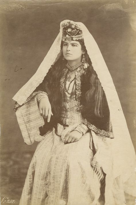 From the Endangered Archives blog post 'The Good Woman named Bonfils' Image: Young woman from Lebanon, albumin print, attributed to Lydie Bonfils (?), ca. 1876-85. Lebanese Clothing, Georgian Clothing, Lebanese Women, Folk Dresses, Female Photographers, Women Names, International Film Festival, Beirut, Vintage Pictures